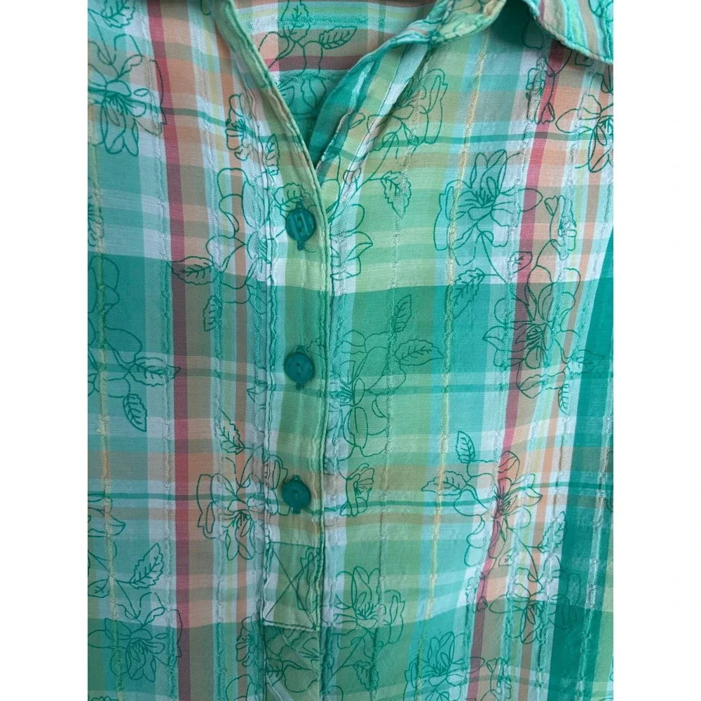 Alia Women Green Plaid Floral Button Up Shirt Short Sleeve Tab Textured Top - Picture 4 of 9